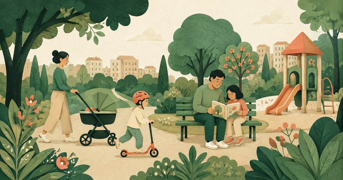 Ilustracija roditelja i djece koji šetaju, voze romobil i čitaju u parku.