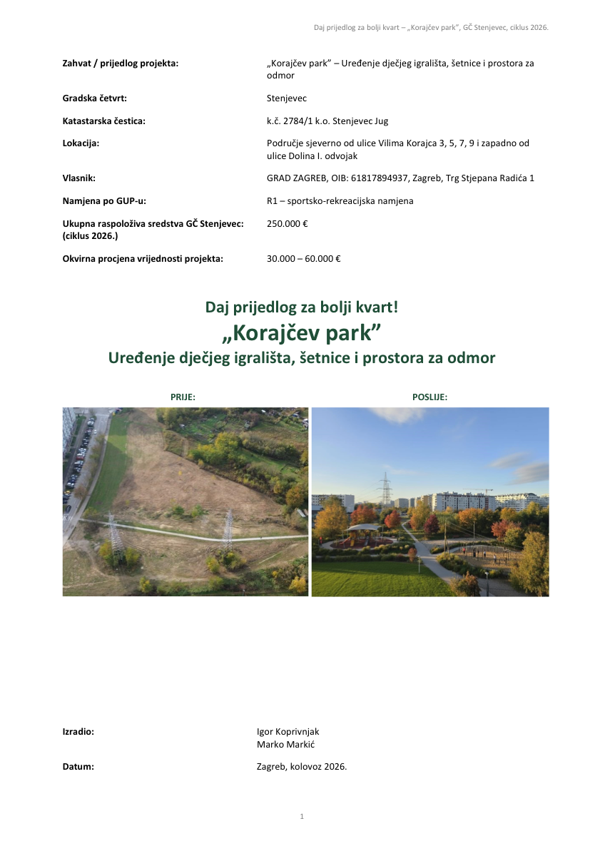 Naslovnica prijedloga Korajčev park s prikazom sadašnjeg i mogućeg budućeg izgleda prostora