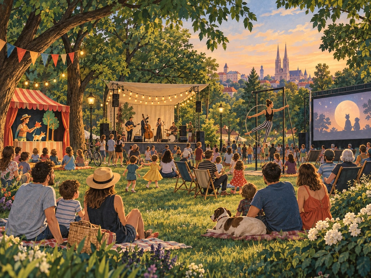 Ilustracija kulturnog programa na otvorenom s glazbom, kazalištem, cirkusom i filmskim platnom