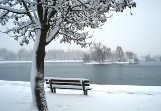 Klupa uz jezero na Jarunu zimi