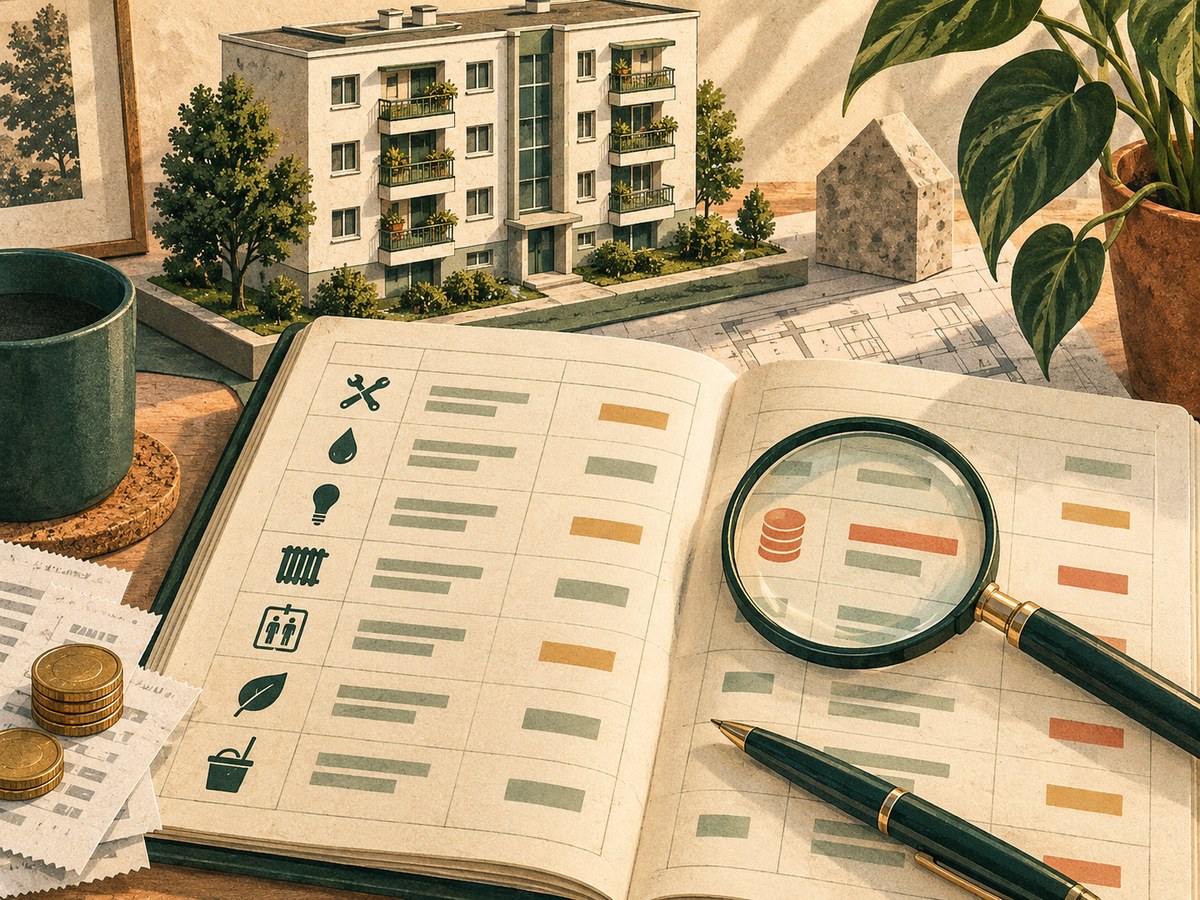 Ilustracija otvorene knjige troškova, povećala i stambene zgrade